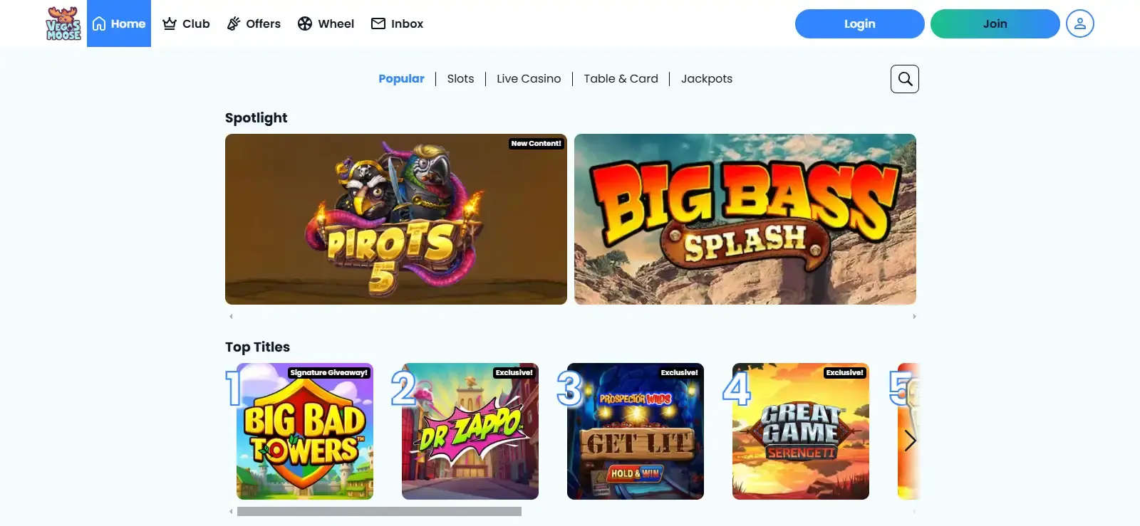 Current Vegas Moose all-games lobby with real game tiles and category navigation