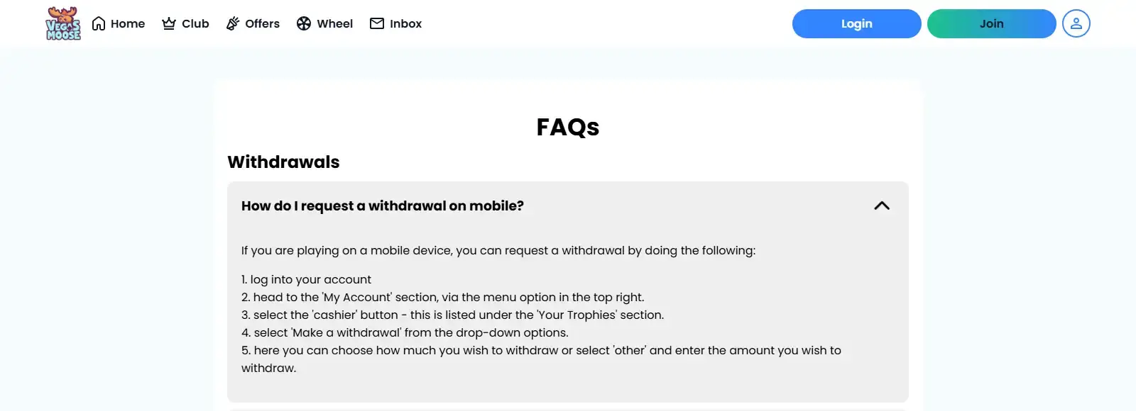 Vegas Moose FAQ withdrawal section